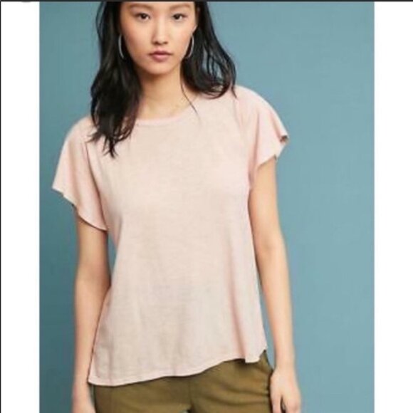 T. LA Anthropologie Ivory Modal Blend Flutter Ruffle Short Sleeve Tee Top Shirt - Picture 1 of 4